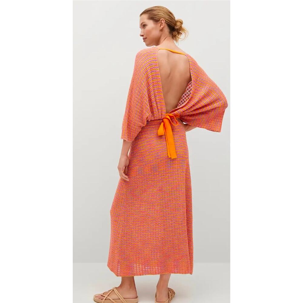 MNG Multicolored Crochet Knit Maxi Dress Orange Pink V-Neck Oversized Boho Sz 10 - Picture 2 of 6
